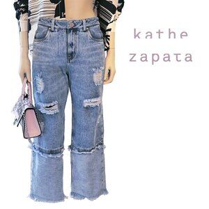 High Rise  Patchwork Wide Leg Colorblock Distressed Denim Cropped Ankle Jeans S